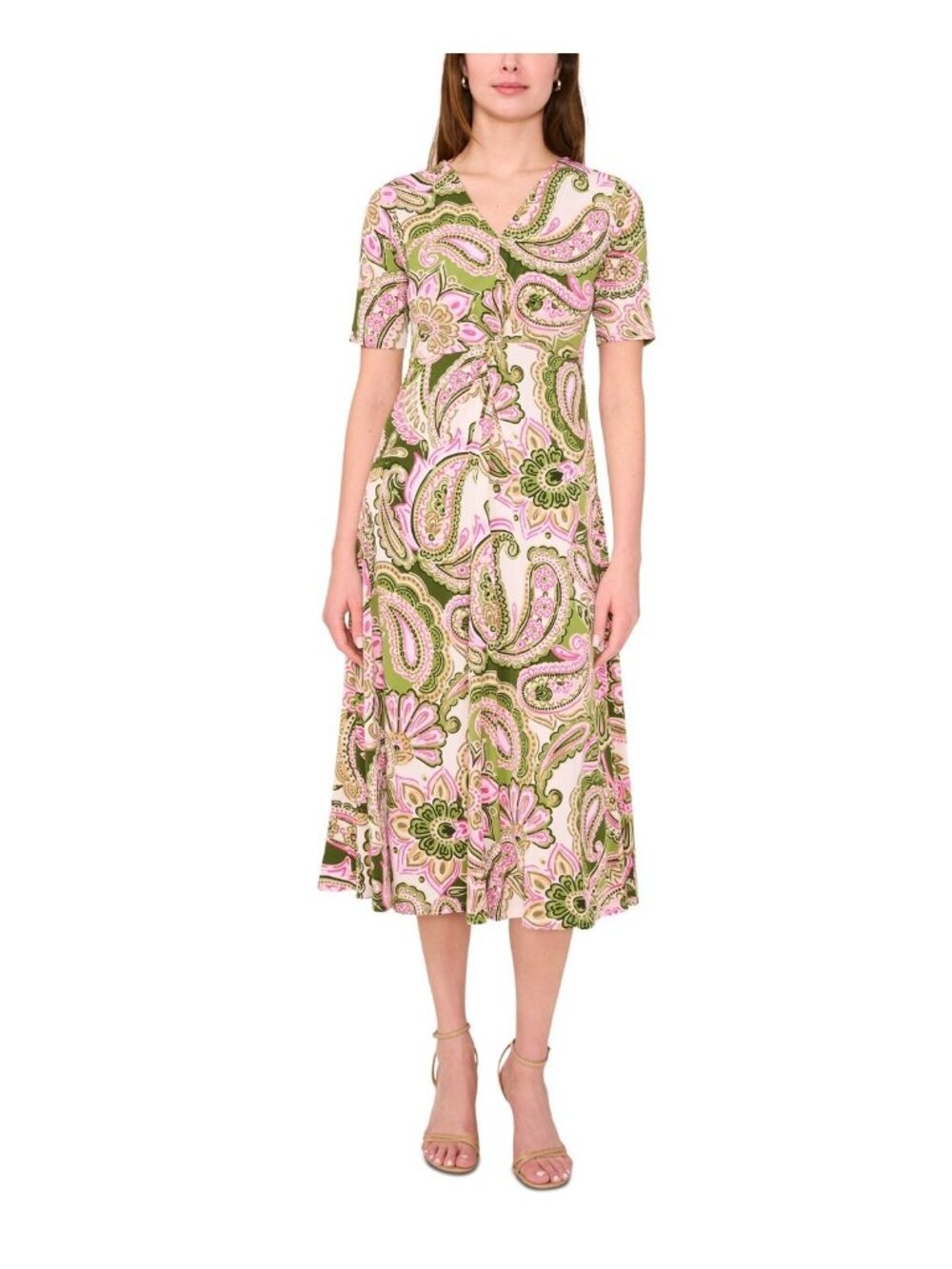 MSK Women's Printed V-Neck Short-Sleeve Midi Dress Twist Olive Green Size M $79